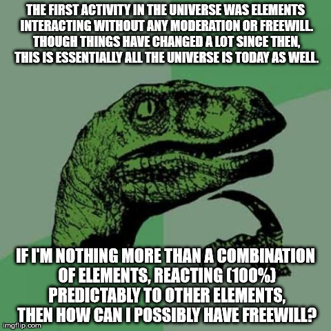 Philosoraptor | THE FIRST ACTIVITY IN THE UNIVERSE WAS ELEMENTS INTERACTING WITHOUT ANY MODERATION OR FREEWILL. THOUGH THINGS HAVE CHANGED A LOT SINCE THEN, | image tagged in memes,philosoraptor,AdviceAnimals | made w/ Imgflip meme maker