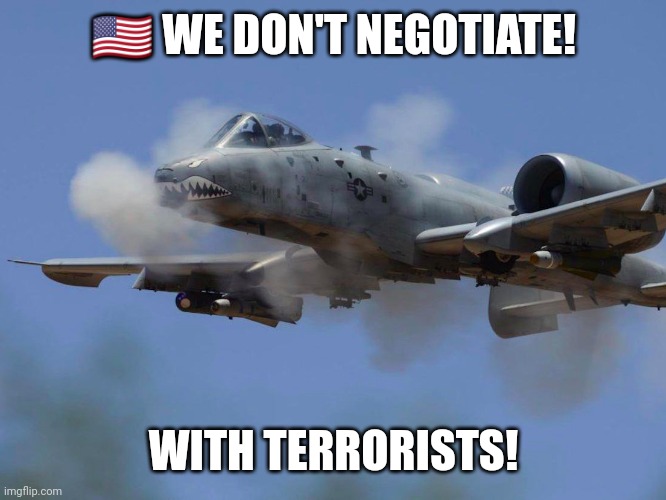 A-10 | 🇺🇲 WE DON'T NEGOTIATE! WITH TERRORISTS! | image tagged in 9/11,terrorism,aircraft | made w/ Imgflip meme maker