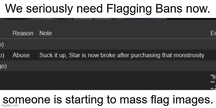 #AddFlaggingBans | We seriously need Flagging Bans now. someone is starting to mass flag images. | made w/ Imgflip meme maker