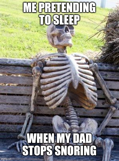 Waiting Skeleton | ME PRETENDING TO SLEEP; WHEN MY DAD STOPS SNORING | image tagged in memes,waiting skeleton | made w/ Imgflip meme maker