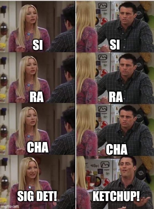 Phoebe Joey | SI; SI; RA; RA; CHA; CHA; KETCHUP! SIG DET! | image tagged in phoebe joey | made w/ Imgflip meme maker