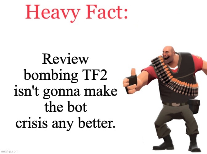 Seriously, stop it. | Review bombing TF2 isn't gonna make the bot crisis any better. | image tagged in heavy fact,tf2,bots | made w/ Imgflip meme maker