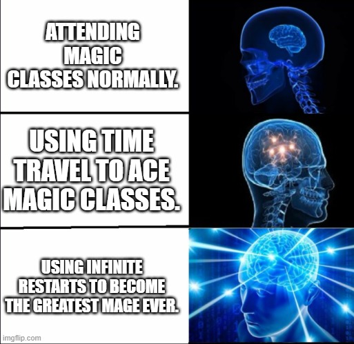 Overthinking | ATTENDING MAGIC CLASSES NORMALLY. USING TIME TRAVEL TO ACE MAGIC CLASSES. USING INFINITE RESTARTS TO BECOME THE GREATEST MAGE EVER. | image tagged in galaxy brain 3 brains | made w/ Imgflip meme maker