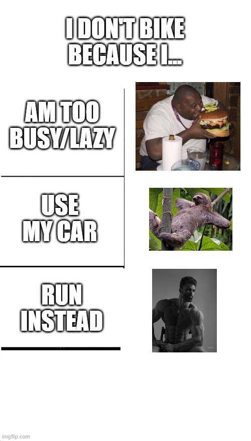 I don't bike because I... | I DON'T BIKE BECAUSE I... AM TOO BUSY/LAZY; USE MY CAR; RUN INSTEAD | image tagged in memes,giga chad,comparison,lazy sloth,fat | made w/ Imgflip meme maker
