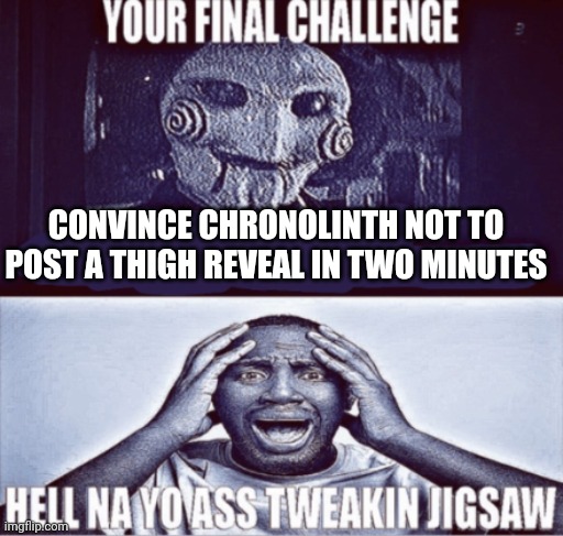 your final challenge | CONVINCE CHRONOLINTH NOT TO POST A THIGH REVEAL IN TWO MINUTES | image tagged in your final challenge | made w/ Imgflip meme maker