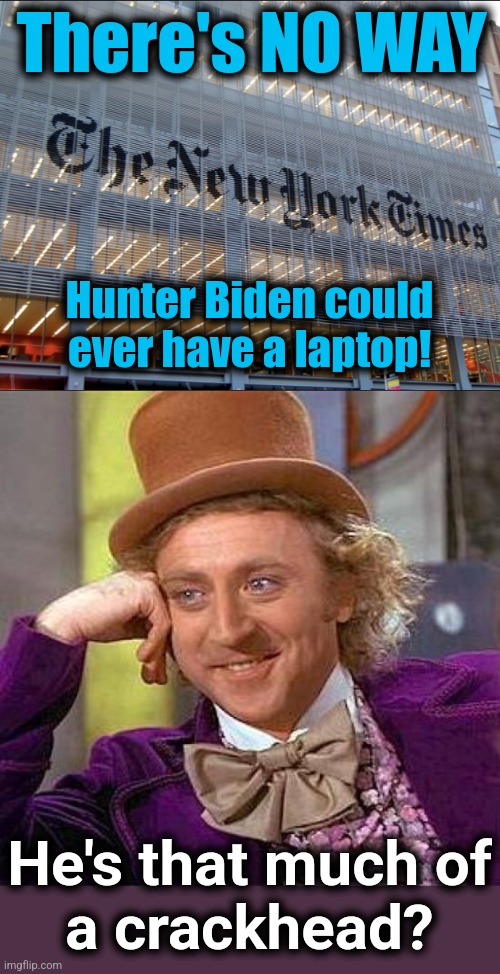 There's NO WAY; Hunter Biden could ever have a laptop! He's that much of
a crackhead? | image tagged in new york times,memes,creepy condescending wonka,hunter biden,joe biden,laptop | made w/ Imgflip meme maker