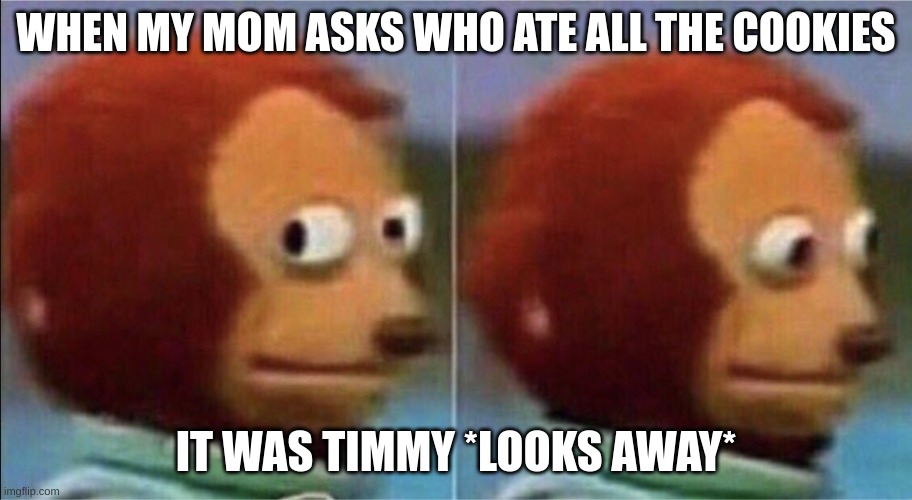Not Me | WHEN MY MOM ASKS WHO ATE ALL THE COOKIES; IT WAS TIMMY *LOOKS AWAY* | image tagged in not me | made w/ Imgflip meme maker
