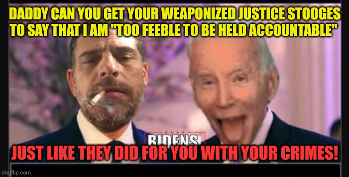 The Bidens | DADDY CAN YOU GET YOUR WEAPONIZED JUSTICE STOOGES TO SAY THAT I AM "TOO FEEBLE TO BE HELD ACCOUNTABLE"; JUST LIKE THEY DID FOR YOU WITH YOUR CRIMES! | image tagged in the bidens | made w/ Imgflip meme maker