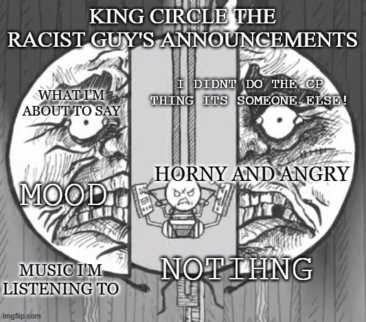 King circle's new announcements | I DIDNT DO THE CP THING ITS SOMEONE ELSE! HORNY AND ANGRY; NOTIHNG | image tagged in king circle's new announcements | made w/ Imgflip meme maker