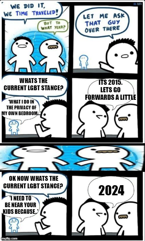 WHATS THE CURRENT LGBT STANCE? ITS 2015. LETS GO FORWARDS A LITTLE; 'WHAT I DO IN THE PRIVACY OF MY OWN BEDROOM...'; OK NOW WHATS THE CURRENT LGBT STANCE? 2024; 'I NEED TO BE NEAR YOUR KIDS BECAUSE..' | image tagged in time travel | made w/ Imgflip meme maker