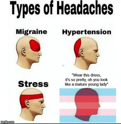 Me fr | "Wear this dress, it's so pretty, oh you look like a mature young lady" | image tagged in types of headaches meme,transgender,trans | made w/ Imgflip meme maker