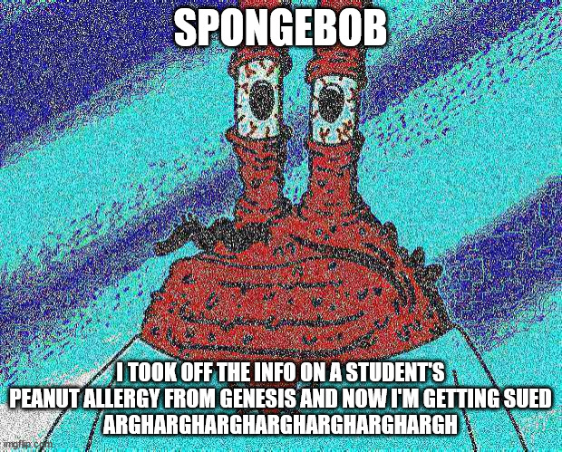 How could you Krabs! | SPONGEBOB; I TOOK OFF THE INFO ON A STUDENT'S PEANUT ALLERGY FROM GENESIS AND NOW I'M GETTING SUED
ARGHARGHARGHARGHARGHARGHARGH | image tagged in ahoy spongebob | made w/ Imgflip meme maker