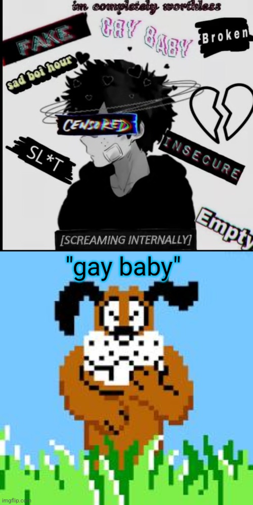 "gay baby" | image tagged in duck hunt dog laughs at your stupidity | made w/ Imgflip meme maker