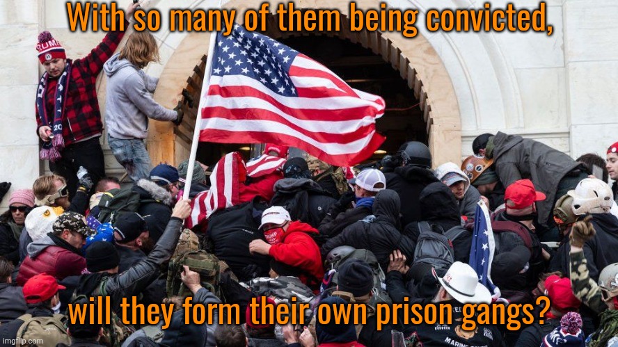 Inmate culture. | With so many of them being convicted, will they form their own prison gangs? | image tagged in january 6 riot,justice,consequences,wondering,orange is the new black | made w/ Imgflip meme maker