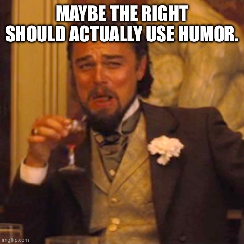 Laughing Leo Meme | MAYBE THE RIGHT SHOULD ACTUALLY USE HUMOR. | image tagged in memes,laughing leo | made w/ Imgflip meme maker