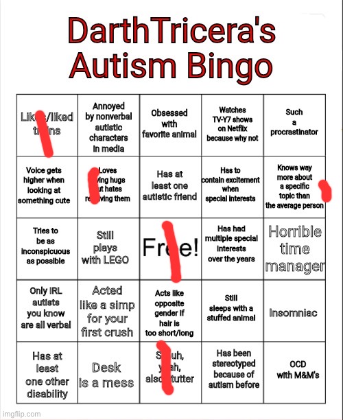 DarthTricera's Autism Bingo | image tagged in darthtricera's autism bingo | made w/ Imgflip meme maker
