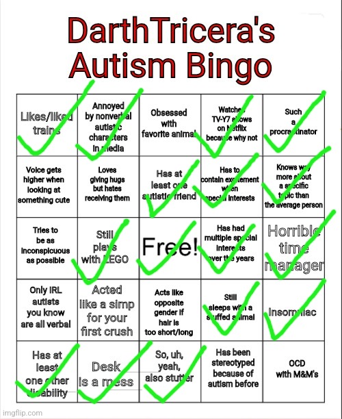 DarthTricera's Autism Bingo | image tagged in darthtricera's autism bingo | made w/ Imgflip meme maker