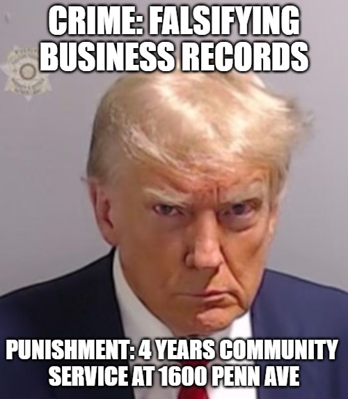 Trump for Community Service 2024! | CRIME: FALSIFYING BUSINESS RECORDS; PUNISHMENT: 4 YEARS COMMUNITY 
SERVICE AT 1600 PENN AVE | image tagged in donald trump mugshot | made w/ Imgflip meme maker