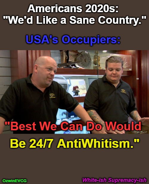 White-ish Supremacy-ish | Americans 2020s: 

"We'd Like a Sane Country."; USA's Occupiers:; "Best We Can Do Would; Be 24/7 AntiWhitism."; White-ish Supremacy-ish; OzwinEVCG | image tagged in pawn stars best i can do,memes,occupied usa,war on whites,clown world,white supremacy | made w/ Imgflip meme maker