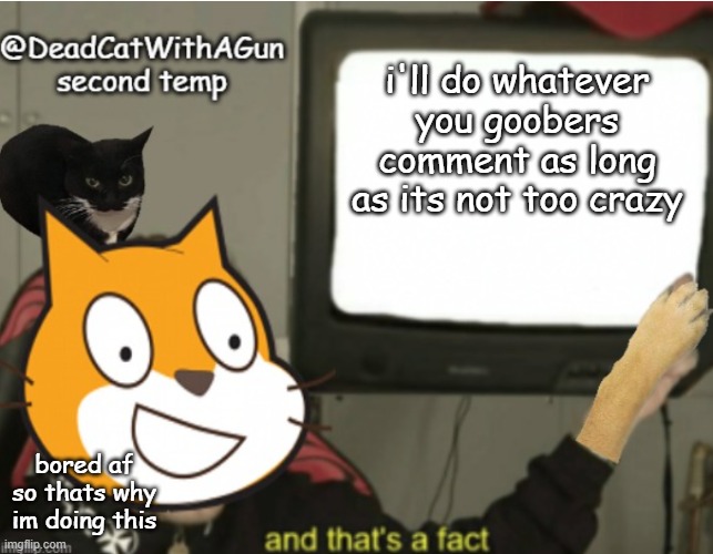 i just tore off a bug bite on my arm and theres blood and puss everywhere now | i'll do whatever you goobers comment as long as its not too crazy; bored af so thats why im doing this | image tagged in deadcatwithagun announcement temp 2 | made w/ Imgflip meme maker