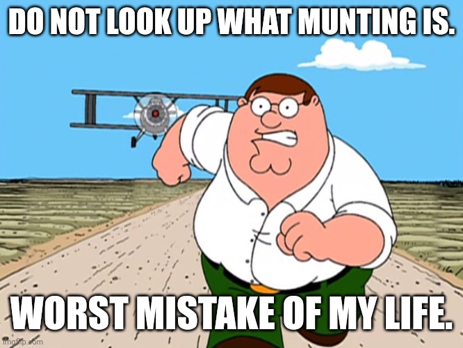 Peter Griffin running away | DO NOT LOOK UP WHAT MUNTING IS. WORST MISTAKE OF MY LIFE. | image tagged in peter griffin running away | made w/ Imgflip meme maker