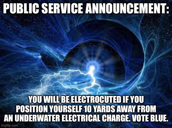 Vote blue | PUBLIC SERVICE ANNOUNCEMENT:; YOU WILL BE ELECTROCUTED IF YOU POSITION YOURSELF 10 YARDS AWAY FROM AN UNDERWATER ELECTRICAL CHARGE. VOTE BLUE. | image tagged in electricity | made w/ Imgflip meme maker
