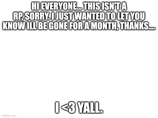 idk (o7) | HI EVERYONE... THIS ISN'T A RP, SORRY. I JUST WANTED TO LET YOU KNOW ILL BE GONE FOR A MONTH, THANKS.... I <3 YALL. | image tagged in idk | made w/ Imgflip meme maker