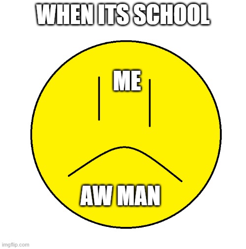 why???? | WHEN ITS SCHOOL; ME; AW MAN | image tagged in unhappy guy | made w/ Imgflip meme maker
