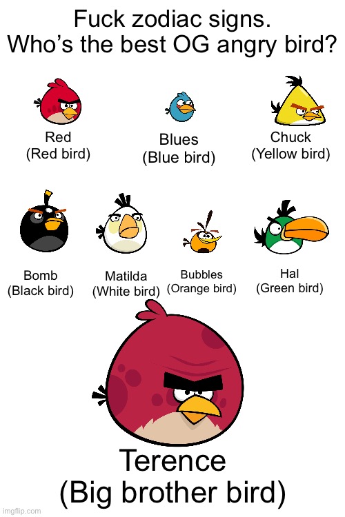 I definitely have no bias | Fuck zodiac signs. Who’s the best OG angry bird? Red
(Red bird); Chuck
(Yellow bird); Blues
(Blue bird); Bubbles
(Orange bird); Hal
(Green bird); Bomb
(Black bird); Matilda
(White bird); Terence
(Big brother bird) | made w/ Imgflip meme maker