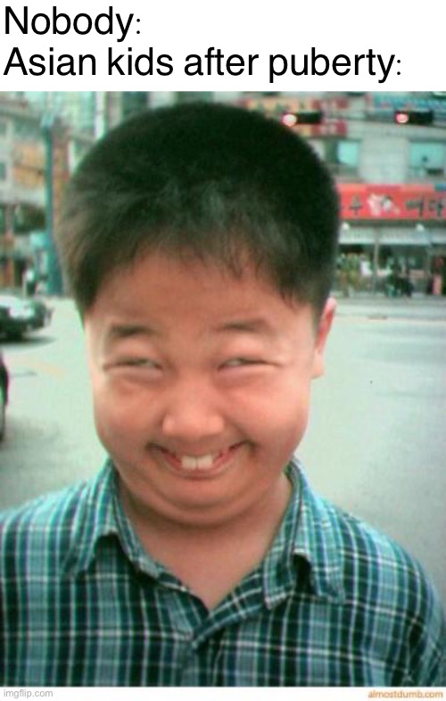funny asian face | Nobody:
Asian kids after puberty: | image tagged in funny asian face,funny,lol so funny | made w/ Imgflip meme maker