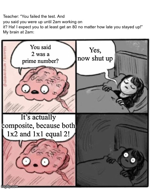 Oh god, no!! | Teacher: “You failed the test. And you said you were up until 2am working on it? Ha! I expect you to at least get an 80 no matter how late you stayed up!”
My brain at 2am:; Yes, now shut up; You said 2 was a prime number? It’s actually composite, because both 1x2 and 1x1 equal 2! | image tagged in brain before sleep,school,school sucks,math | made w/ Imgflip meme maker