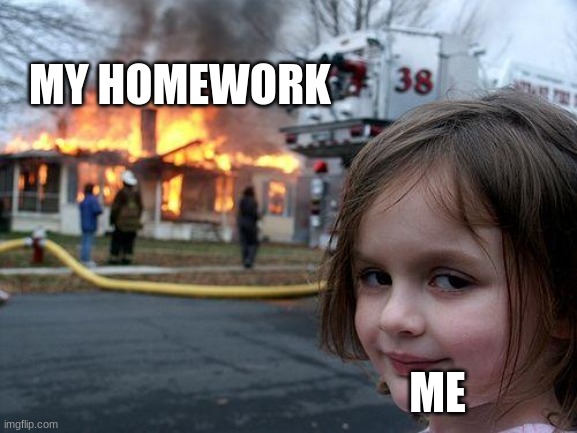 homework is bad | MY HOMEWORK; ME | image tagged in memes,disaster girl | made w/ Imgflip meme maker