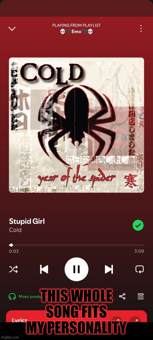 Stupid Girl | THIS WHOLE SONG FITS MY PERSONALITY | image tagged in stupid girl,cold | made w/ Imgflip meme maker