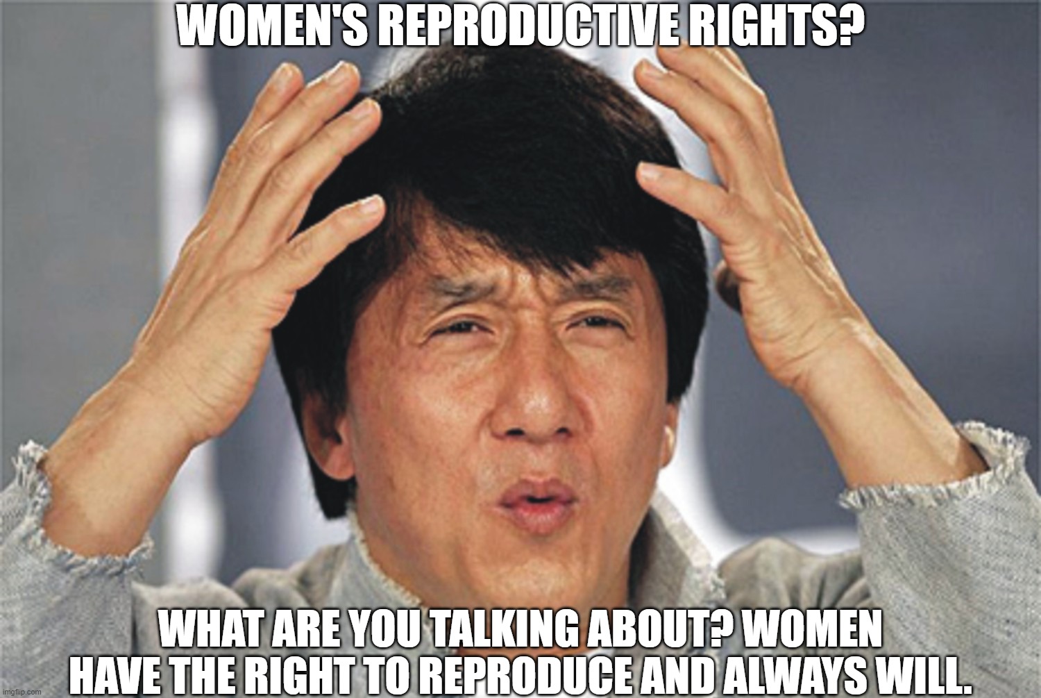 "Women's Reproductive Rights?" Guys? | WOMEN'S REPRODUCTIVE RIGHTS? WHAT ARE YOU TALKING ABOUT? WOMEN HAVE THE RIGHT TO REPRODUCE AND ALWAYS WILL. | image tagged in jackie chan confused,wtf,i don't know | made w/ Imgflip meme maker