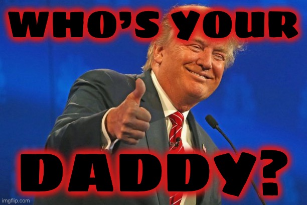 Trump winning smarmy grinning | WHO’S YOUR DADDY? | image tagged in trump winning smarmy grinning | made w/ Imgflip meme maker