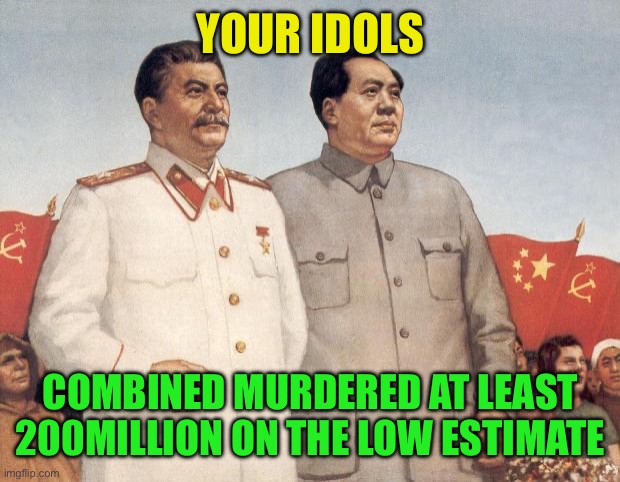 Stalin and Mao | YOUR IDOLS COMBINED MURDERED AT LEAST 200MILLION ON THE LOW ESTIMATE | image tagged in stalin and mao | made w/ Imgflip meme maker