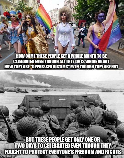 Veteran soldiers fought to make sure we (including the gays) have freedom to live, they should be honored a lot more often | HOW COME THESE PEOPLE GET A WHOLE MONTH TO BE CELEBRATED EVEN THOUGH ALL THEY DO IS WHINE ABOUT HOW THEY ARE "OPPRESSED VICTIMS" EVEN THOUGH THEY ARE NOT; BUT THESE PEOPLE GET ONLY ONE OR TWO DAYS TO CELEBRATED EVEN THOUGH THEY FOUGHT TO PROTECT EVERYONE'S FREEDOM AND RIGHTS | image tagged in lgbtq,pride month,veterans,soldiers,veterans day,memorial day | made w/ Imgflip meme maker