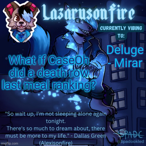 Lazarus temp | What if CaseOh did a death row last meal ranking? Deluge - Mirar | image tagged in lazarus temp | made w/ Imgflip meme maker