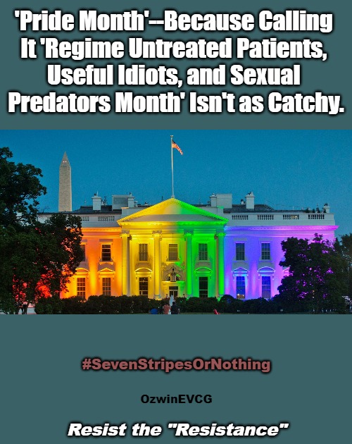Resist the "Resistance" | 'Pride Month'--Because Calling 

It 'Regime Untreated Patients, 

Useful Idiots, and Sexual 

Predators Month' Isn't as Catchy. #SevenStripesOrNothing; OzwinEVCG; Resist the "Resistance" | image tagged in lgbtyranny,occupied usa,antiwhite house,war,biology,children | made w/ Imgflip meme maker