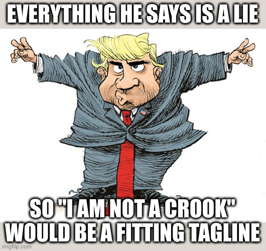 it continues the pattern | EVERYTHING HE SAYS IS A LIE; SO "I AM NOT A CROOK" WOULD BE A FITTING TAGLINE | image tagged in trump nixon cartoon | made w/ Imgflip meme maker