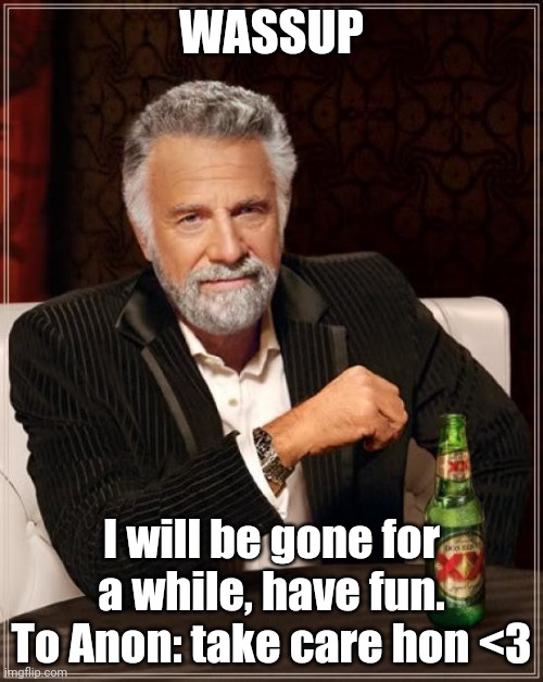 The Most Interesting Man In The World Meme | WASSUP; I will be gone for a while, have fun.
To Anon: take care hon <3 | image tagged in memes,the most interesting man in the world | made w/ Imgflip meme maker