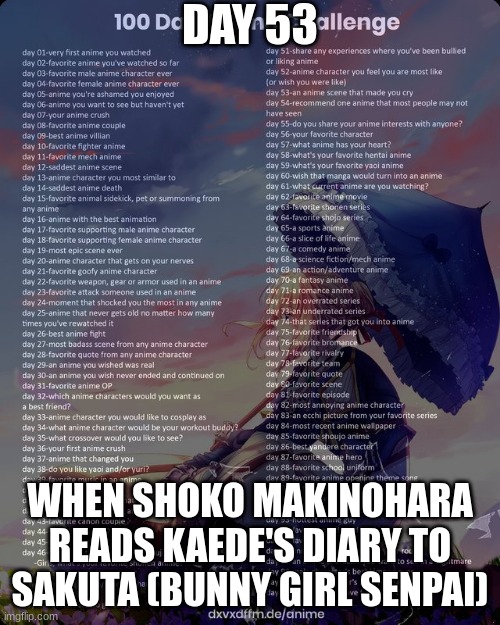 100 day anime challenge | DAY 53; WHEN SHOKO MAKINOHARA READS KAEDE'S DIARY TO SAKUTA (BUNNY GIRL SENPAI) | image tagged in 100 day anime challenge | made w/ Imgflip meme maker