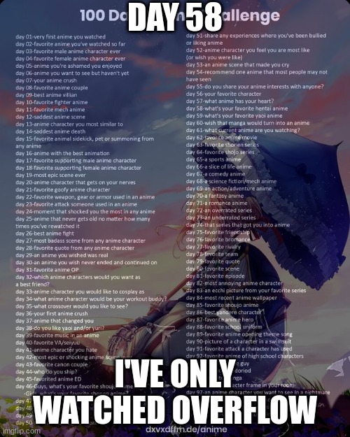 100 day anime challenge | DAY 58; I'VE ONLY WATCHED OVERFLOW | image tagged in 100 day anime challenge | made w/ Imgflip meme maker