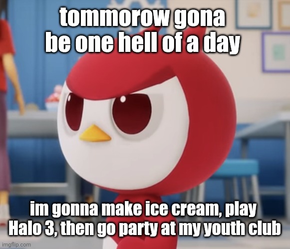 flugburgr | tommorow gona  be one hell of a day; im gonna make ice cream, play  Halo 3, then go party at my youth club | image tagged in flugburgr | made w/ Imgflip meme maker