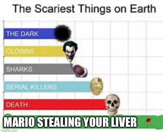 The Scariest Things On earth | MARIO STEALING YOUR LIVER | image tagged in the scariest things on earth | made w/ Imgflip meme maker