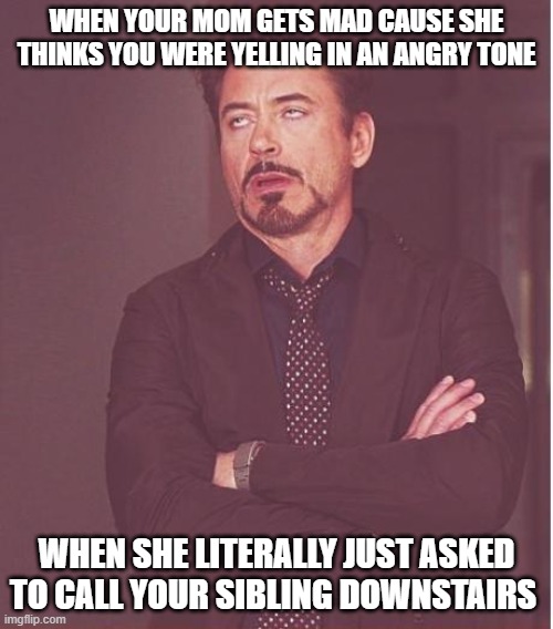 I was just trying to get my sisters attention cause i knew she wouldn't hear me | WHEN YOUR MOM GETS MAD CAUSE SHE THINKS YOU WERE YELLING IN AN ANGRY TONE; WHEN SHE LITERALLY JUST ASKED TO CALL YOUR SIBLING DOWNSTAIRS | image tagged in memes | made w/ Imgflip meme maker