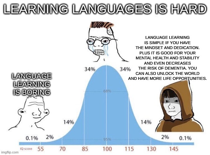 Language learning is such an underrated hobby | LEARNING LANGUAGES IS HARD; LANGUAGE LEARNING IS SIMPLE IF YOU HAVE THE MINDSET AND DEDICATION. PLUS IT IS GOOD FOR YOUR MENTAL HEALTH AND STABILITY AND EVEN DECREASES THE RISK OF DEMENTIA. YOU CAN ALSO UNLOCK THE WORLD AND HAVE MORE LIFE OPPORTUNITIES. LANGUAGE LEARNING IS BORING | image tagged in bell curve,language,speaker,iq | made w/ Imgflip meme maker