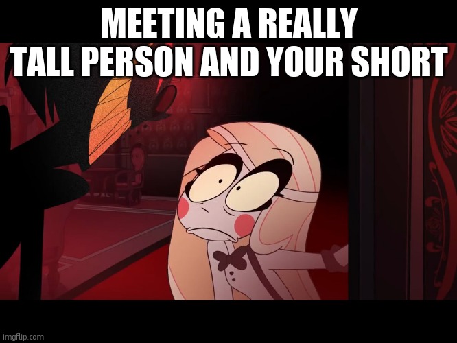 Hazbin Hotel, Opening the Fear Door | MEETING A REALLY TALL PERSON AND YOUR SHORT | image tagged in hazbin hotel opening the fear door | made w/ Imgflip meme maker