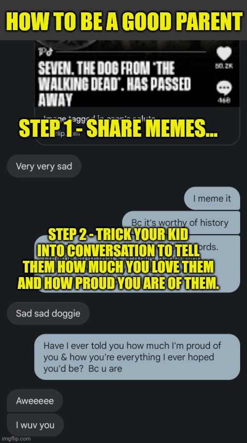 Quick & easy Parenting Guide | HOW TO BE A GOOD PARENT; STEP 1 - SHARE MEMES... STEP 2 - TRICK YOUR KID INTO CONVERSATION TO TELL THEM HOW MUCH YOU LOVE THEM AND HOW PROUD YOU ARE OF THEM. | image tagged in conversation,daddy,daughter,bond,memes | made w/ Imgflip meme maker