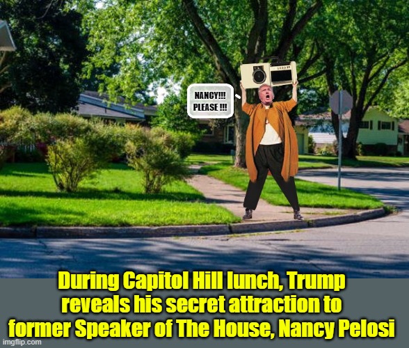 50 SHADES OF STUPID.... | NANCY!!!
PLEASE !!! During Capitol Hill lunch, Trump reveals his secret attraction to former Speaker of The House, Nancy Pelosi | image tagged in donald trump the clown,scumbag republicans,election | made w/ Imgflip meme maker